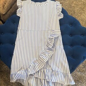 Girls Blue and White Striped Ruffle Dress